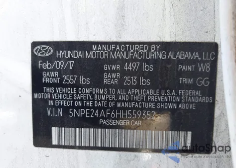 2017 Hyundai Sonata z USA, uszkodzony, nr VIN 5NPE24AF6HH559352